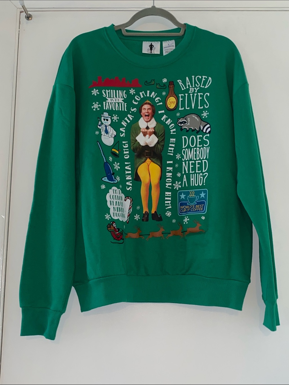 ELF Green Graphic Sweatshirt With Voice Of Buddy Saying I Know Santa.